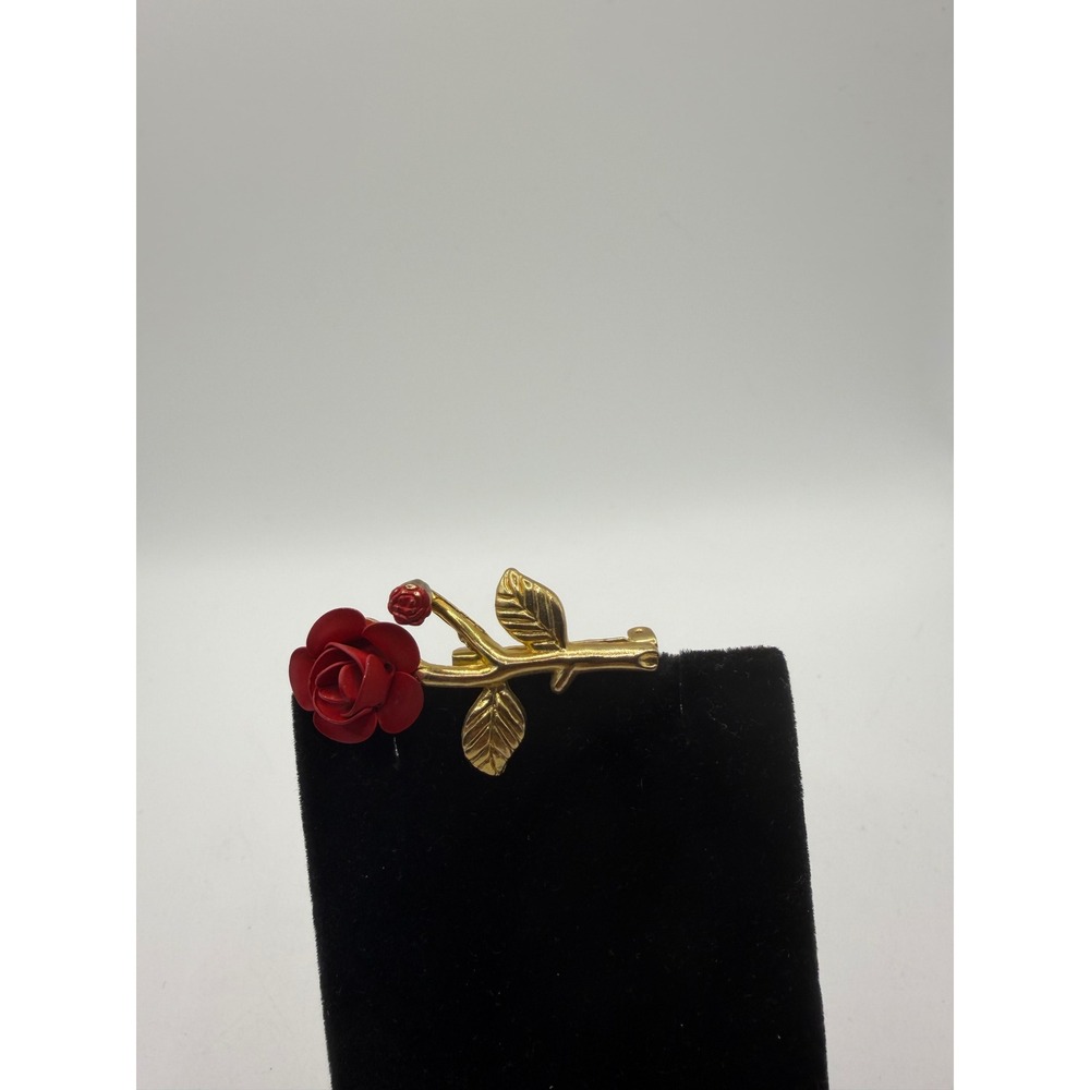 Vintage Red Rose Brooch Gold Tone Floral Flower Pin Romantic Jewelry 2 Inch